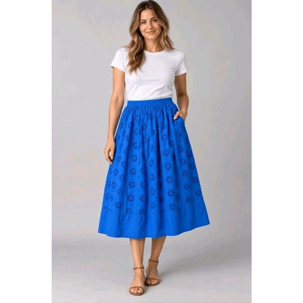 J.Crew Womens Eyelet Peasant Skirt Midi Blue Lined A-line Pockets Size MP